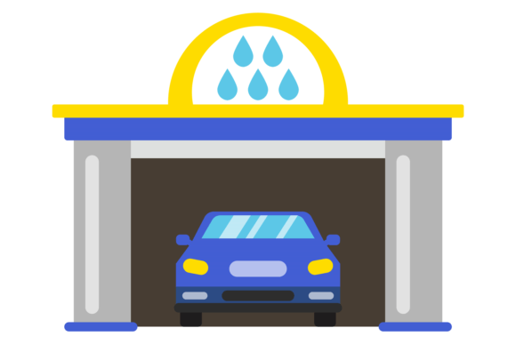 Car in Cleaning Service. Auto Wash Color Graphics