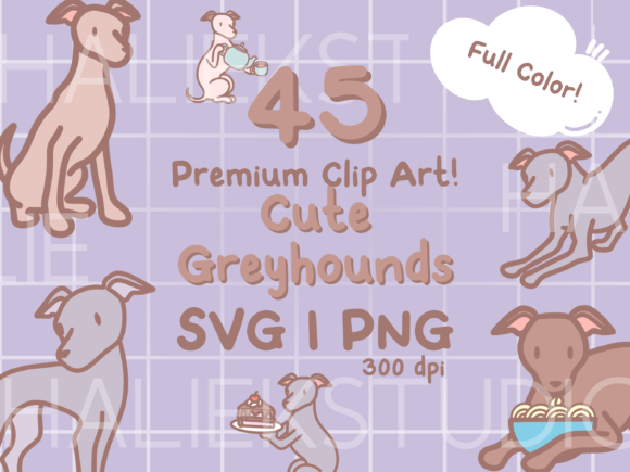Cute Greyhounds Color Clip Art Set